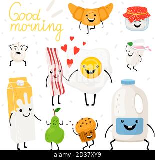 Prodotti alimentari per la colazione, dolci e sorridenti cartoni animati, pane e personaggi di frutta su sfondo bianco, illustrazione vettoriale Illustrazione Vettoriale