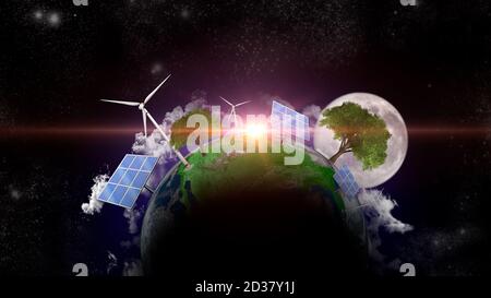 Pianeta verde. Energia rinnovabile e concetto di efficienza.rendering 3D. Biodiversità ambientale. Alcuni elementi di questa immagine forniti dalla NASA Foto Stock