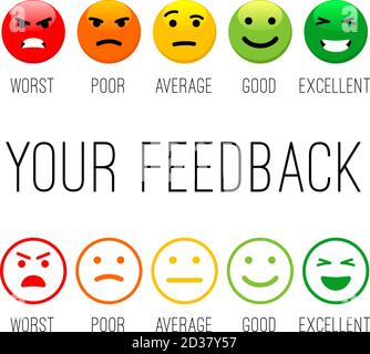 Icone di Feedback Emotion. Colori emozioni segni, cartoni animati emotivi volti per la comunicazione e sostenere concetti di soddisfazione, client happiness survey insieme di icone vettoriali Illustrazione Vettoriale