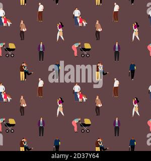 Ripetizione senza giunture vettoriale piatta People. Coppia baciante, madre con bambino carrozza che cammina sfondo decorativo. Uomo d'affari, donna passeggiando personaggi che avvolgono carta, carta da parati, disegno di tessuto Illustrazione Vettoriale
