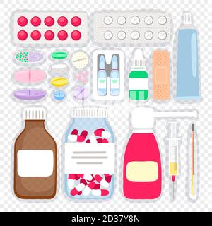 Farmaci e pillole Cartoon. Fornisce medico illustrazione vettoriale, compresse e ampolle, flacone di sciroppo e spray per tosse per influenza e farmaci freddi illustrazione vettoriale Illustrazione Vettoriale