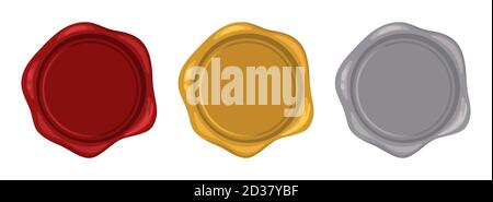 Francobolli in cera d'oro rosso. Set di francobolli decorativi con sigillo a candela isolato su bianco, illustrazione vettoriale Illustrazione Vettoriale