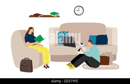 Sera. Serata familiare, illustrazione del vettore di hygge. Giovane coppia con cane e libri in soggiorno Illustrazione Vettoriale