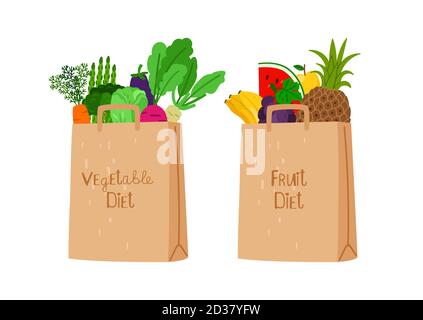 Borse eco shopping. Sacchetti di carta con frutta e verdura. Vegan concetto vettore di shopping Illustrazione Vettoriale