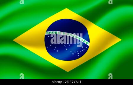 Bandiera del Brasile che sventolava nel vento. Rendering 3D. Foto Stock