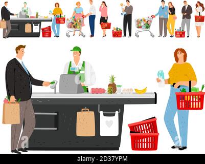 Coda di acquisto di generi alimentari. Shop coda persone, cartoni animati negozi clienti in linea lunga e personale cassiere, alimentari supermercato folla in attesa, vettore illustrazione Illustrazione Vettoriale