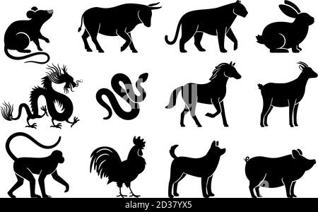 Sagome dell'oroscopo cinese. Animali zodiacali cinesi simboli dell'anno, segni neri su sfondo bianco, tigre e coniglio, toro e disegni mitologici draghi Illustrazione Vettoriale