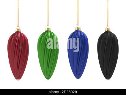 Palla di Natale in stile realistico su sfondo bianco. Spirale verticale nera, blu, rossa e verde. Illustrazione vettoriale. Illustrazione Vettoriale
