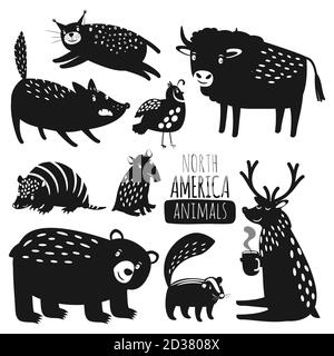 Silhouette degli animali americani della foresta. Set di silhoitte animali, renne e orso grizzly selvatico, lince e armadillo immagini vettoriali isolate su sfondo bianco Illustrazione Vettoriale