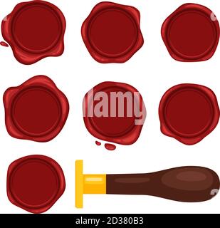 Le icone vettoriali vengono timbrate con cera. Set di francobolli decorativi a candela isolato su set di ceraletti postali con lettera dettagliata o raccolta di oggetti con marchio di riconoscimento e riconoscimento Illustrazione Vettoriale