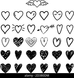 Cuori dipinti disegnati a mano. Segni lineari a forma di cuore e scrimbiglie, simboli d'amore di scrimbiglie vettoriali su bianco, grunge stilizzato bella decorazione immagine di matrimonio Illustrazione Vettoriale