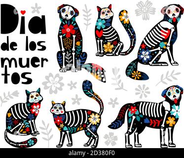 Animali morti messicani. Gatti teschi, cani teste di zucchero colorato vettore di vacanza illustrazione per il giorno dei morti, ossa scheletro dia de los muertos animali domestici disegni partito Illustrazione Vettoriale
