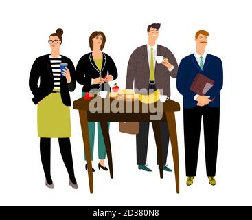 Colazione business. I colleghi in piano hanno la colazione al lavoro. Illustrazione vettoriale dell'interruzione del caffè Illustrazione Vettoriale