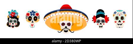 Set di illustrazioni vettoriali piatte per teschi messicani con zucchero. Teste scheletriche con fiori isolati su sfondo bianco. Cranio con baffi in cappello sombrero. Dia de los muertos Holiday decorazione tradizionale Illustrazione Vettoriale