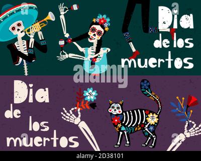 Set di modelli di biglietti d'auguri vettoriali piatti dia de los muertos. Tradizionale messicano e spagnolo festeggiamenti vizi layout banner collezione. Day of Dead party invito cartoon disegni pack Illustrazione Vettoriale
