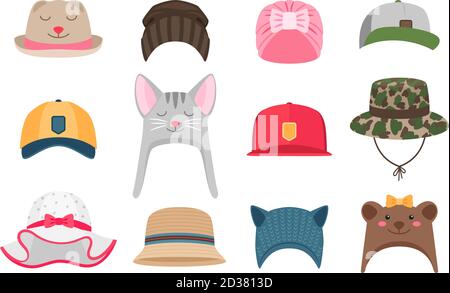 Illustrazioni cappelli bambini. Set di cappelli per bambini, inverno ed estate, con animali per ragazze e per ragazzi scout isolati su sfondo bianco Illustrazione Vettoriale