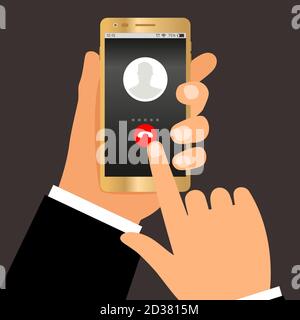 Chiamata telefonica a mani di uomo d'affari. Informazioni sulla composizione del telefono o sulla conversazione tramite smartphone, illustrazione del vettore di risposta alle chiamate in arrivo Illustrazione Vettoriale