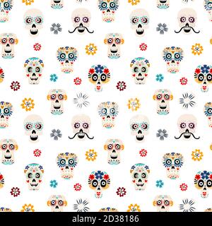 Teschi di zucchero vettore piatto modello senza giunture. Teste scheletriche con fiori su sfondo bianco. Day of Dead festival texture. Dia de los muertos carta messicana per imballaggio, tessuto, disegno di tessuto Illustrazione Vettoriale