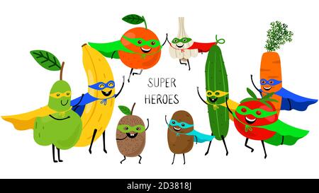 Frutta di verdure super. Supereroi con sorrisi e maschere, carota pomodoro banana pera arancione isolato su sfondo bianco. Frutta e verdura vettoriale, prodotti biologici Illustrazione Vettoriale