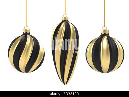 Palla di Natale in stile realistico su sfondo bianco. Spirale verticale in nero e oro. Illustrazione vettoriale. Illustrazione Vettoriale