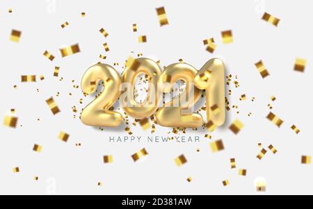 Iscrizione 2021 felice anno nuovo sfondo in stile realistico su sfondo bianco. Serpentina realistica in oro. Vettore Illustrazione Vettoriale