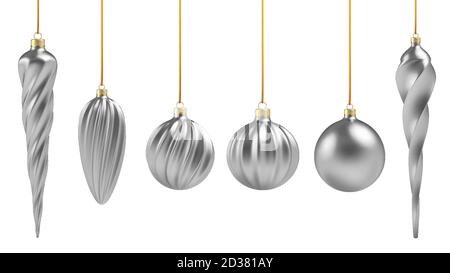 Palla di Natale in stile realistico su sfondo bianco. Spirale verticale in argento. Illustrazione vettoriale. Illustrazione Vettoriale