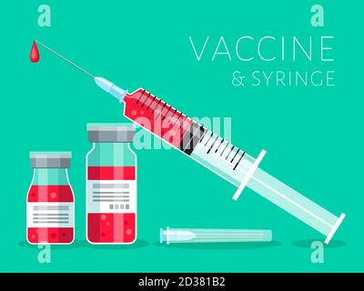 Illustrazione del vettore del vaccino e della siringa. Iniezione e liquido rosso in flaconcini. Sanità e protezione dell'immunità. Banner, poster, modello di medicina preventiva e immunizzazione Illustrazione Vettoriale