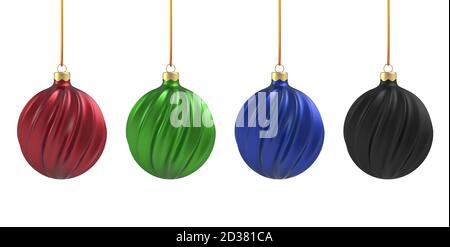 Palla di Natale in stile realistico su sfondo bianco. Spirale verticale nera, blu, rossa e verde. Illustrazione vettoriale. Illustrazione Vettoriale