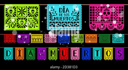 Giorno della decorazione della carta morta. Festa messicana dia de los muetros carte tagliate arte padel picado, decorazioni bandiere elementi a nastro con teschi, illustrazione vettoriale Illustrazione Vettoriale