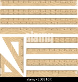 Righelli legno vettore icone set, traight e triangolo geometria strumenti raccolta su sfondo bianco Illustrazione Vettoriale