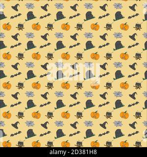 Motivo luminoso senza cuciture con decorazioni halloween Illustrazione Vettoriale