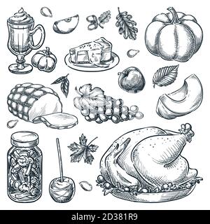 Elementi di disegno del menu di ringraziamento su sfondo bianco. Tradizionale pasto fatto in casa. tacchino arrosto, verdure sottaceto, mela caramello, zucca, Illustrazione Vettoriale