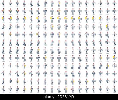 set grande. Uomo d'affari o impiegato con oggetti diversi. Carattere maschile in stile semplice alla moda, illustrazione vettoriale piatta. Illustrazione Vettoriale