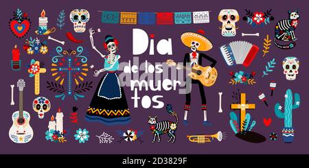 Giorno dei morti, dia de los muertos, set di illustrazioni vettoriali piatte. Zucchero teschi messicani, scheletri in abiti tradizionali messicani. Cat, cactus, candela isolato clipart. Adesivi per le festività, confezione di patch Illustrazione Vettoriale