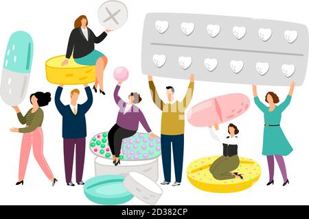 Persone carattere che tiene compresse e pillole vettore. Illustrazione della pillola medica per la cura, la salute di trattamento Illustrazione Vettoriale