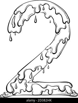 Numero 2 con gocce di flusso e schizzi di goo. Simbolo di gocciolamento del liquido. Font vettoriale trendy realizzato in stile grafico a linee disegnate a mano isolato su sfondo bianco. Logo Slime o lettera iniziale. Illustrazione Vettoriale