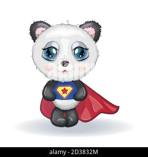 Carino panda con grandi occhi in un mantello da un super eroe, biglietto d'auguri illustrazione, cute animale Illustrazione Vettoriale