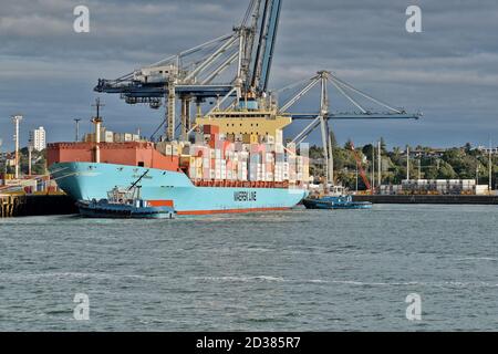 AUCKLAND, NUOVA ZELANDA - Mar 01, 2019: Auckland / Nuova Zelanda - Marzo 13 2019: Orivia Maersk nave container attraccata con l'aiuto di rimorchiatore a Auckl Foto Stock