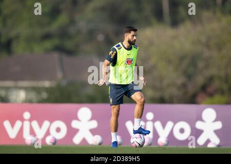 7 ottobre 2020; Granja Comary, Teresopolis, Rio de Janeiro, Brasile; Qualifiche Qatar 2022; Felipe del Brasile durante la sessione di formazione Foto Stock