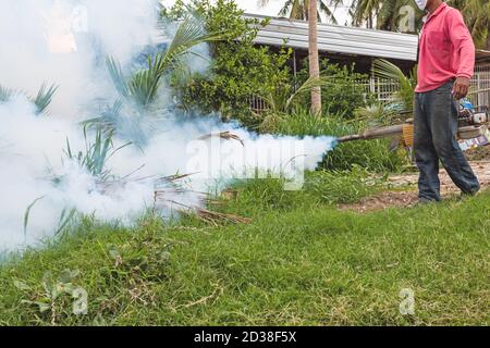 L'uomo si ostina a prevenire la diffusione della febbre dengue in Thailandia Foto Stock