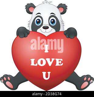 Illustrazione vettoriale del panda di Cartoon che tiene il cuore rosso Illustrazione Vettoriale