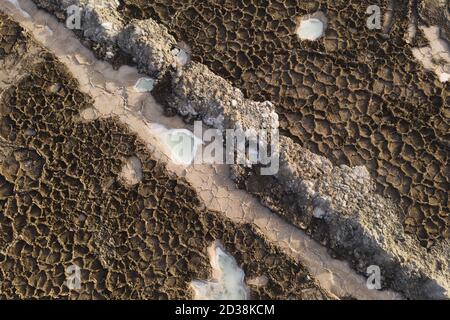 Stagno di sale nella terra asciutta. Foto a Qinghai, Cina. Foto Stock