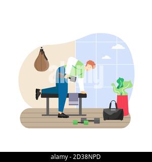 Palestra fitness. Giovane uomo che fa esercizi tricepiti con manubri, piatta illustrazione vettoriale. Sport e stile di vita sano. Illustrazione Vettoriale