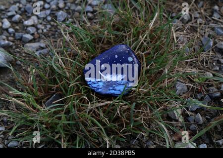 Foto ad alto angolo di una pietra splendidamente dipinta sul erba Foto Stock