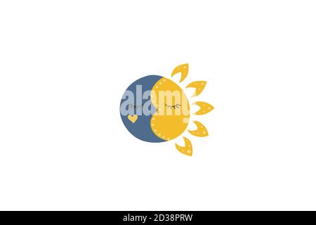Addormentato faccia di sole e luna. Sogni dolci. Illustrazione vettoriale. Notte e giorno. Illustrazione Vettoriale