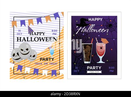 Halloween Party Design modello, con zucca, dolci, ragni, streghe, biscotti, palloncini e informazioni di vendita. Volantini per pubblicità, vendite. Una serie di illustrazioni luminose con birra, bevande e cocktail per una festa notturna Illustrazione Vettoriale