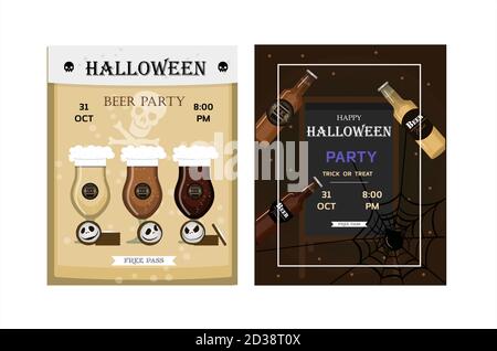 Halloween Party Design modello, con zucca, dolci, ragni, streghe, biscotti, palloncini e informazioni di vendita. Volantini per pubblicità, vendite. Una serie di illustrazioni luminose con birra, bevande e cocktail per una festa notturna Illustrazione Vettoriale