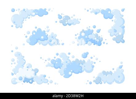 Schiuma di sapone o nubi. Grande set di schiuma blu chiaro e bolle di diverse forme. Cornice nuvolosa e angolo. Illustrazione vettoriale in stile cartoon Illustrazione Vettoriale