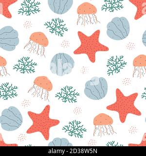 Creature marine senza cuciture modello in stile scandinavo. Shell, stelle marine, meduse, corallo con puntini astratti illustrazione vettoriale disegnata a mano. Illustrazione Vettoriale