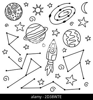 Collezione di doodles spaziali: Pianeti, sole, luna, astronave, stelle e costellazioni incastrate in nero e isolate su sfondo bianco. Vettore disegnato a mano Illustrazione Vettoriale